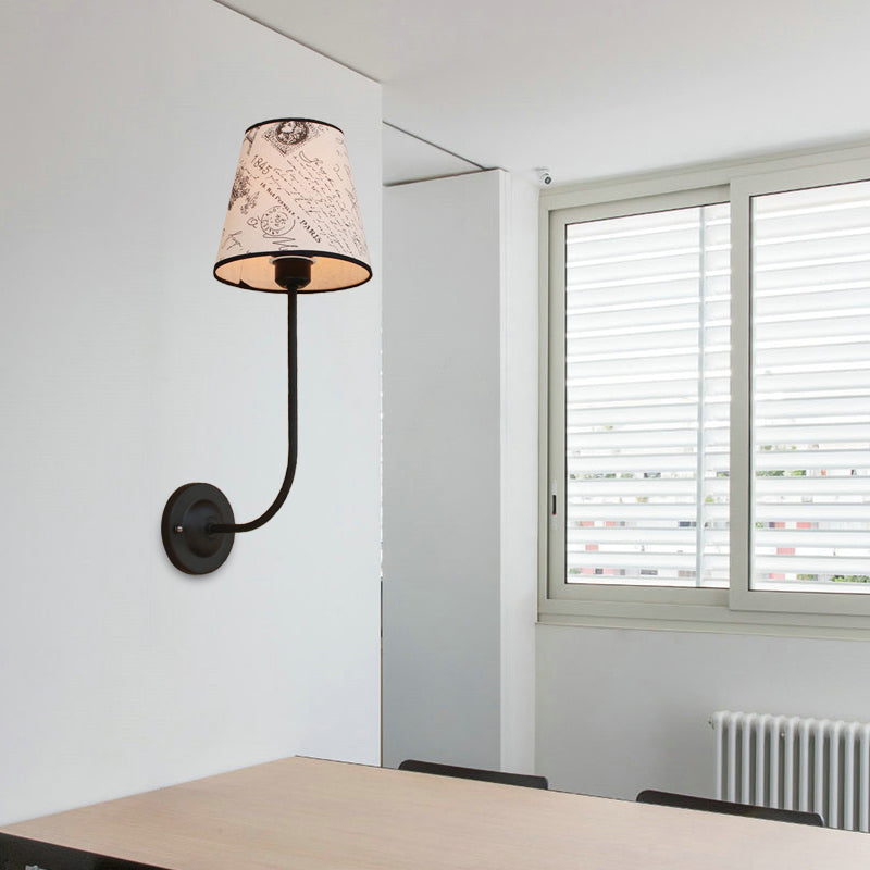 Avtoit | Vintage Conical Wall Lamp 1 Head Fabric and Metal Wall Mount Fixture with Curved Arm in White
