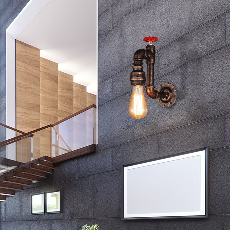 Avtoit | Rustic Style Pipe Wall Sconce with Valve Wheel 1 Bulb Wrought Iron Wall Mounted Light in Bronze