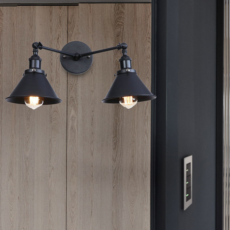 Avtoit | Tapered Umbrella Iron Wall Mount Light Industrial Vintage 2 Heads Farmhouse Wall Mount Light in Black/Brass