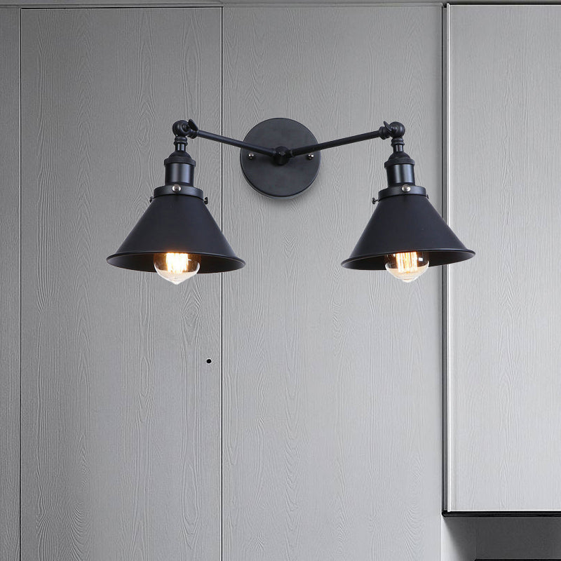 Avtoit | Tapered Umbrella Iron Wall Mount Light Industrial Vintage 2 Heads Farmhouse Wall Mount Light in Black/Brass