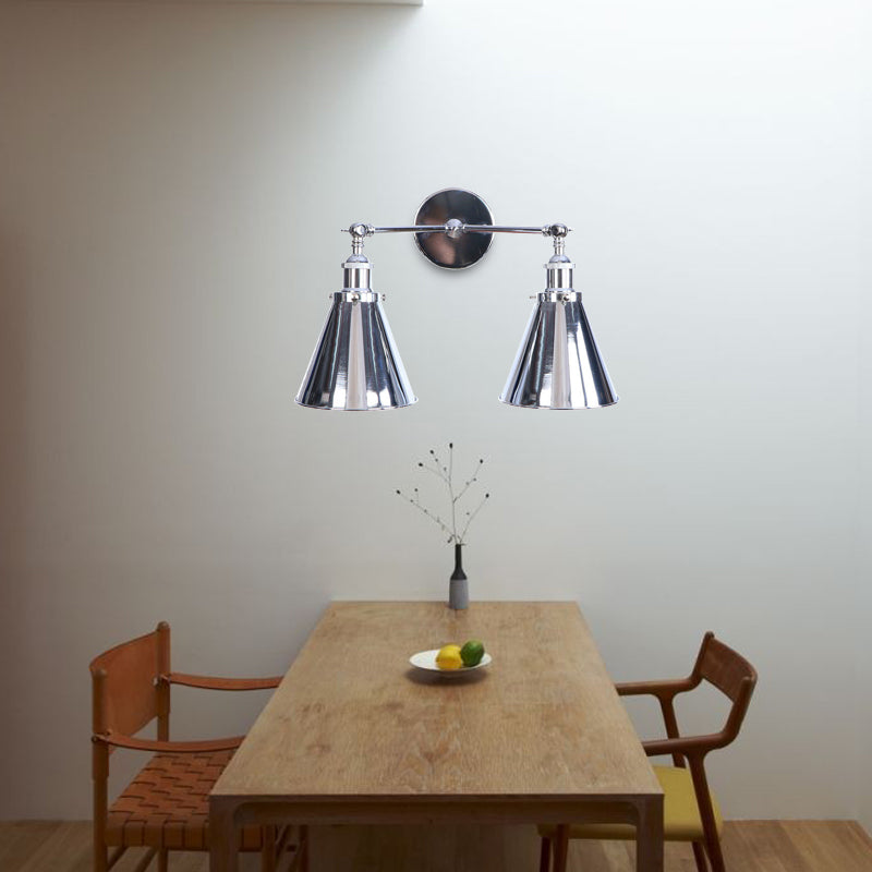 Avtoit | Polished Chrome Conic Wall Mount Fixture Retro Style Iron 2 Lights Dining Room Wall Mount Light