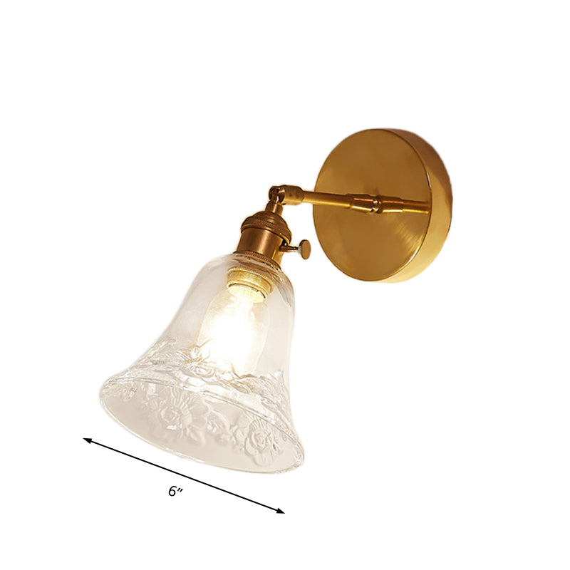 Avtoit | 1 Light Clear Glass Wall Scone Light Rustic Brass Bell Bedroom Lighting Fixture with Flower