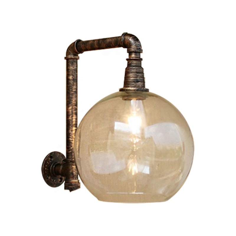 Avtoit | Globe Stairway Wall Lamp Industrial Clear Glass 1 Light Aged Brass Wall Mounted Light with Corner Pipe, 8"/10" Width