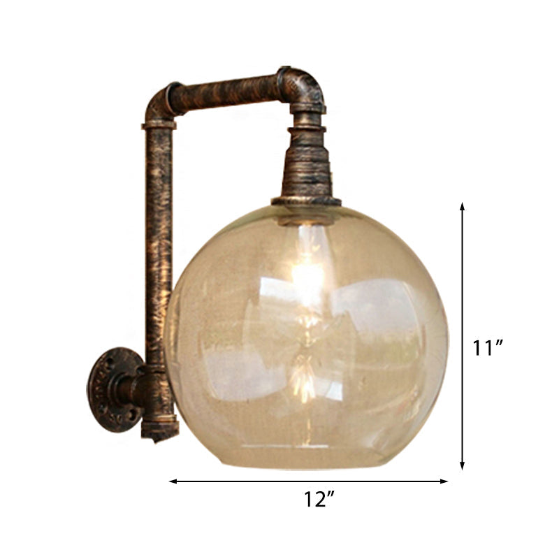 Avtoit | Globe Stairway Wall Lamp Industrial Clear Glass 1 Light Aged Brass Wall Mounted Light with Corner Pipe, 8"/10" Width