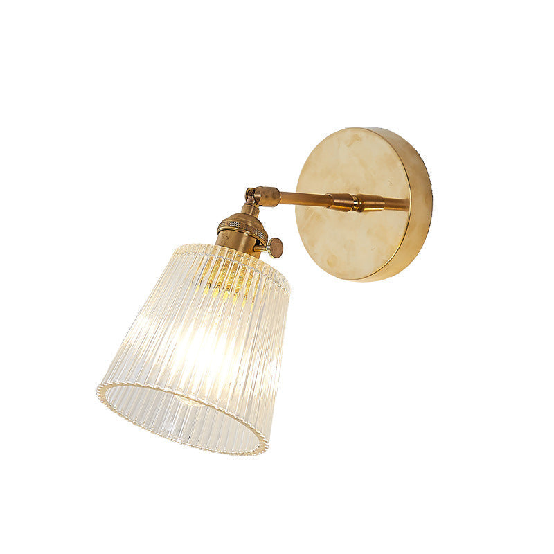 Avtoit | 1 Light Clear Ribbed Glass Wall Lamp Light Industrial Brass Cone Living Room Lighting Fixture