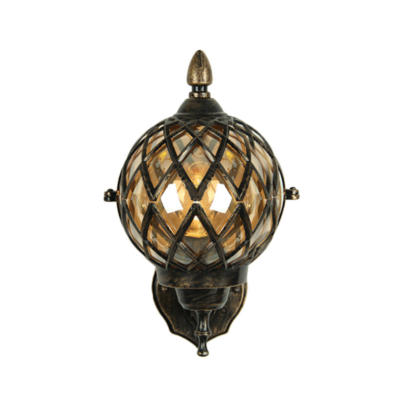 Avtoit | 1 Light Amber Glass Wall Lamp Light Industrial Black Ball Dining Room Lighting Fixture with Cage