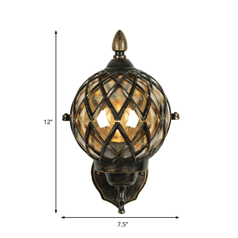 Avtoit | 1 Light Amber Glass Wall Lamp Light Industrial Black Ball Dining Room Lighting Fixture with Cage