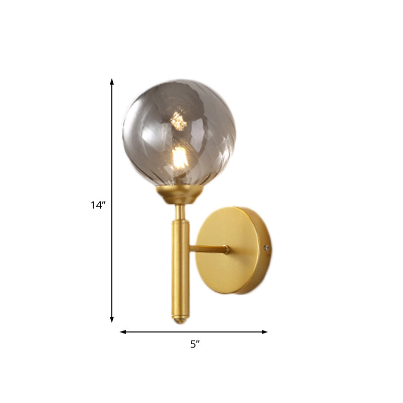 Avtoit | 1 Bulb Globe Wall Mounted Light Fixture Modern Brass Smoked Textured Glass Lighting