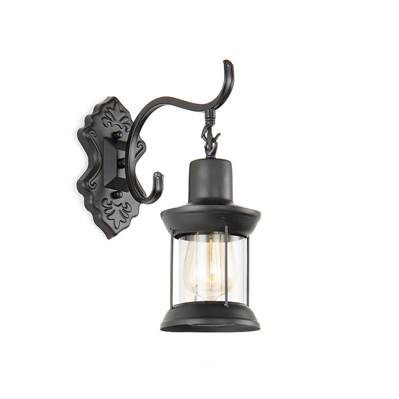 Avtoit | Lantern Clear Glass Wall Mounted Lamp Vintage Single Bulb Outdoor Wall Light in Black with Carved Pattern