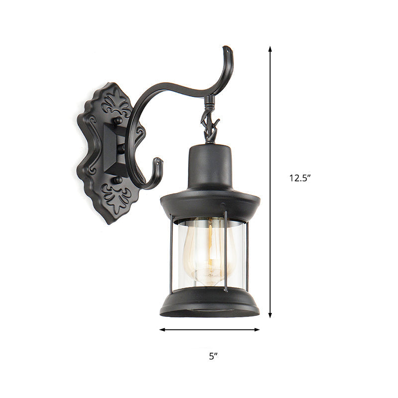 Avtoit | Lantern Clear Glass Wall Mounted Lamp Vintage Single Bulb Outdoor Wall Light in Black with Carved Pattern