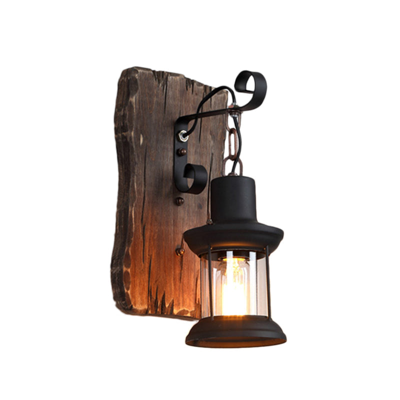 Avtoit | Black One-Light Wall Sconce Rustic Clear Glass with Grid Lighting and Wood Back Panel