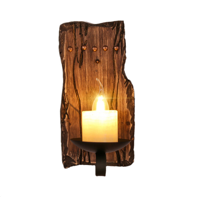 Avtoit | Cylinder Coffee Shop Wall Light Fixture Artificial Marble 1 Light Brown Wall Lamp with Wood Semi-Cap/Base/Rectangle Base
