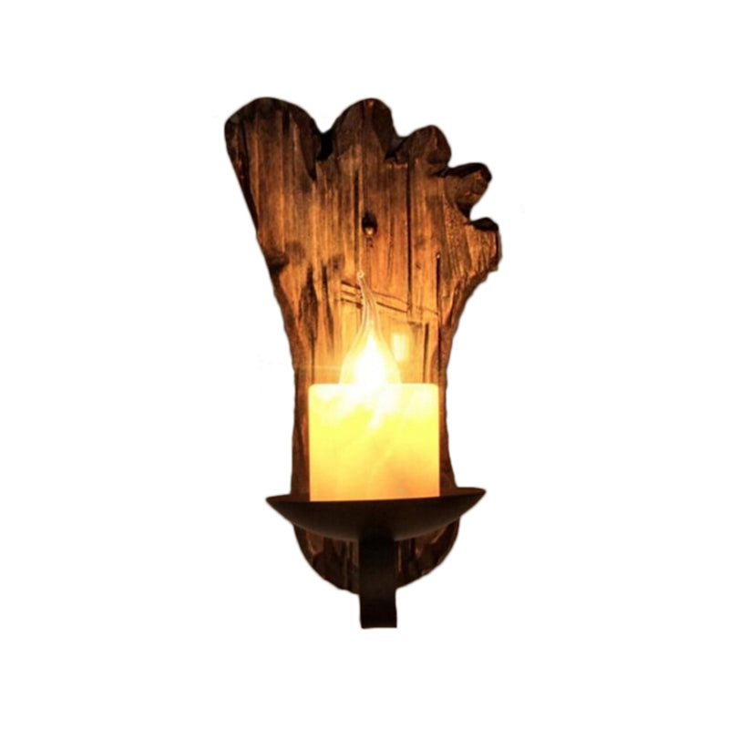 Avtoit | Cylinder Coffee Shop Wall Light Fixture Artificial Marble 1 Light Brown Wall Lamp with Wood Semi-Cap/Base/Rectangle Base
