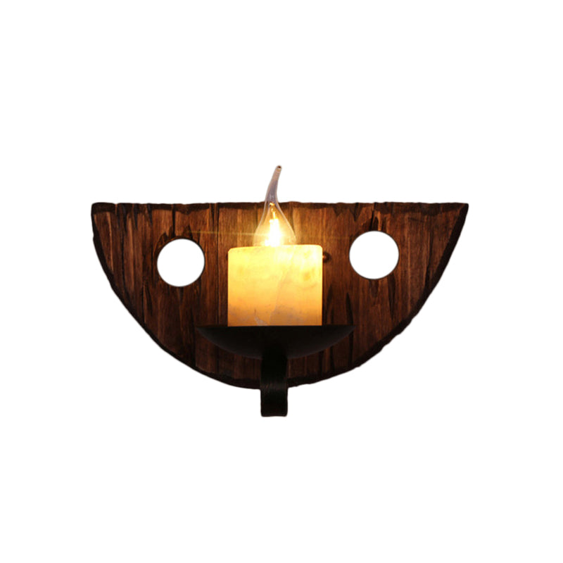 Avtoit | Cylinder Coffee Shop Wall Light Fixture Artificial Marble 1 Light Brown Wall Lamp with Wood Semi-Cap/Base/Rectangle Base