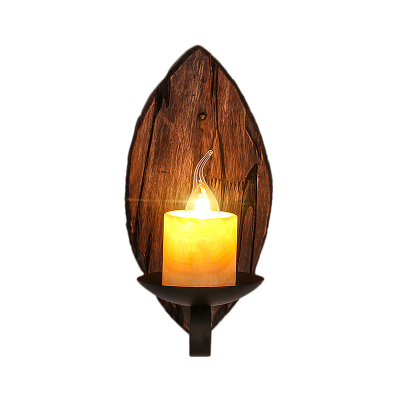 Avtoit | Cylinder Coffee Shop Wall Light Fixture Artificial Marble 1 Light Brown Wall Lamp with Wood Semi-Cap/Base/Rectangle Base