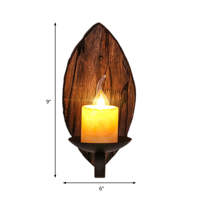 Avtoit | Cylinder Coffee Shop Wall Light Fixture Artificial Marble 1 Light Brown Wall Lamp with Wood Semi-Cap/Base/Rectangle Base