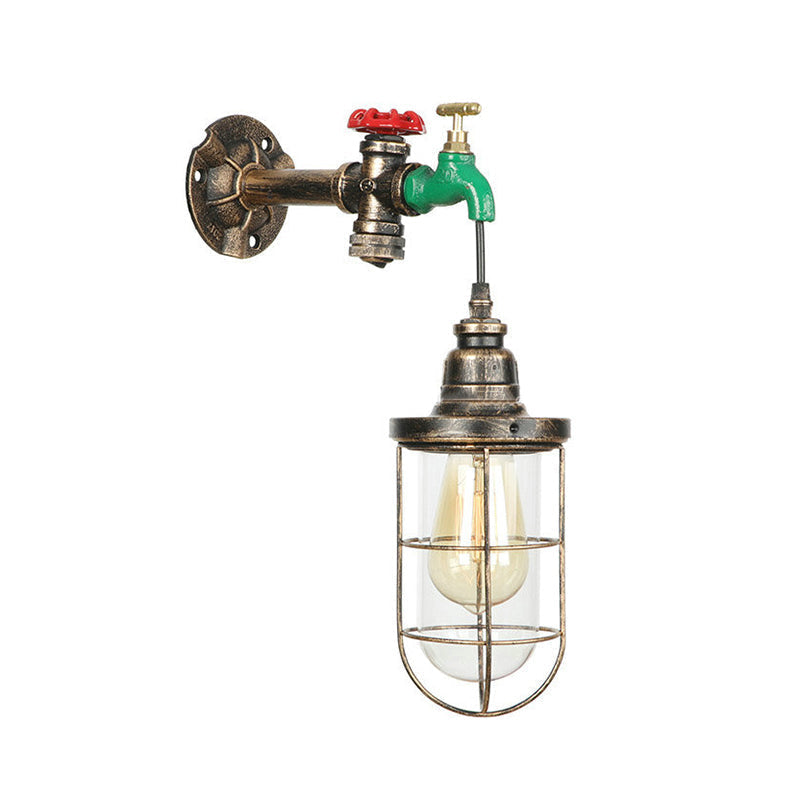 Avtoit | Faucet Design Metal Wall Lamp Steampunk Style 1 Bulb Balcony Wall Light with Wire Protection in Antique Bronze