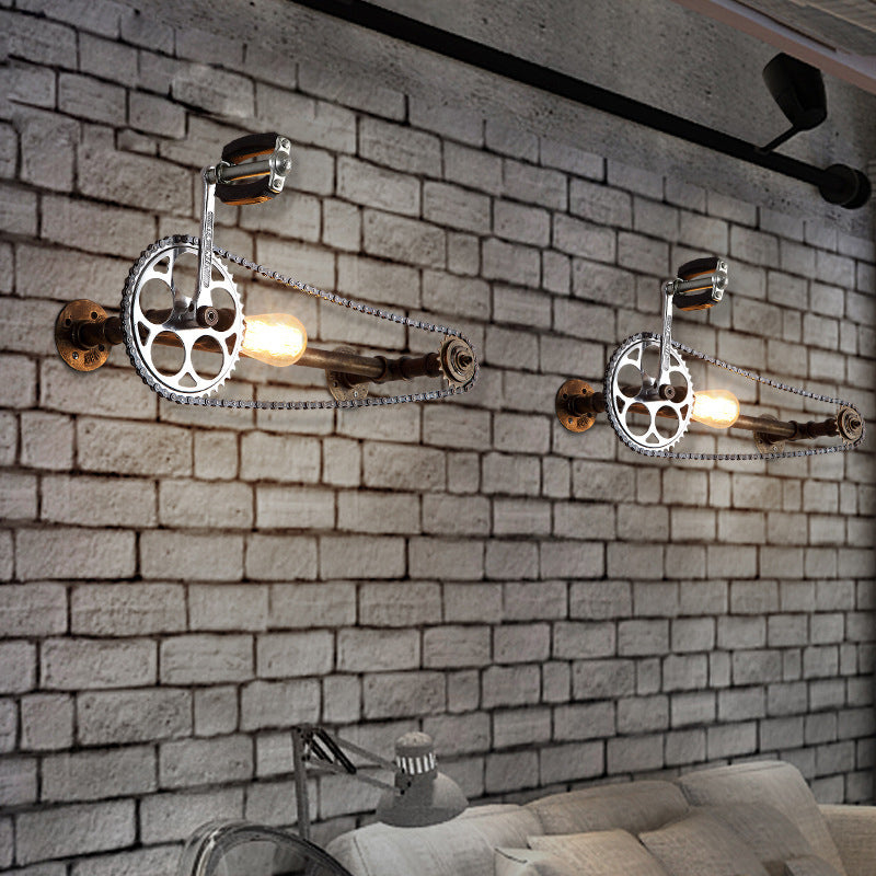 Avtoit | Iron Gear Bicycle Wall Lamp Stock 1 Light Restaurant Wall Mounted Lamp in Bronze with Pipe Arm