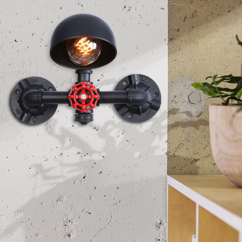 Avtoit | Steampunk Dome Wall Lamp Fixture with Valve Wheel 1 Head Metallic Wall Light in Black for Living Room