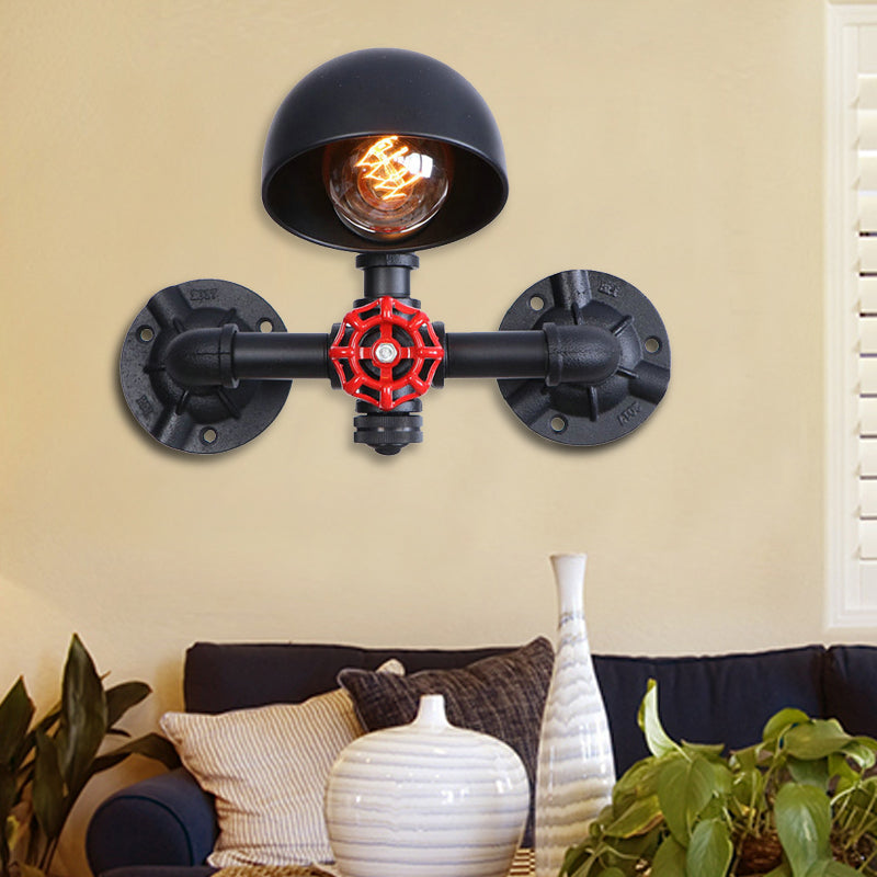 Avtoit | Steampunk Dome Wall Lamp Fixture with Valve Wheel 1 Head Metallic Wall Light in Black for Living Room