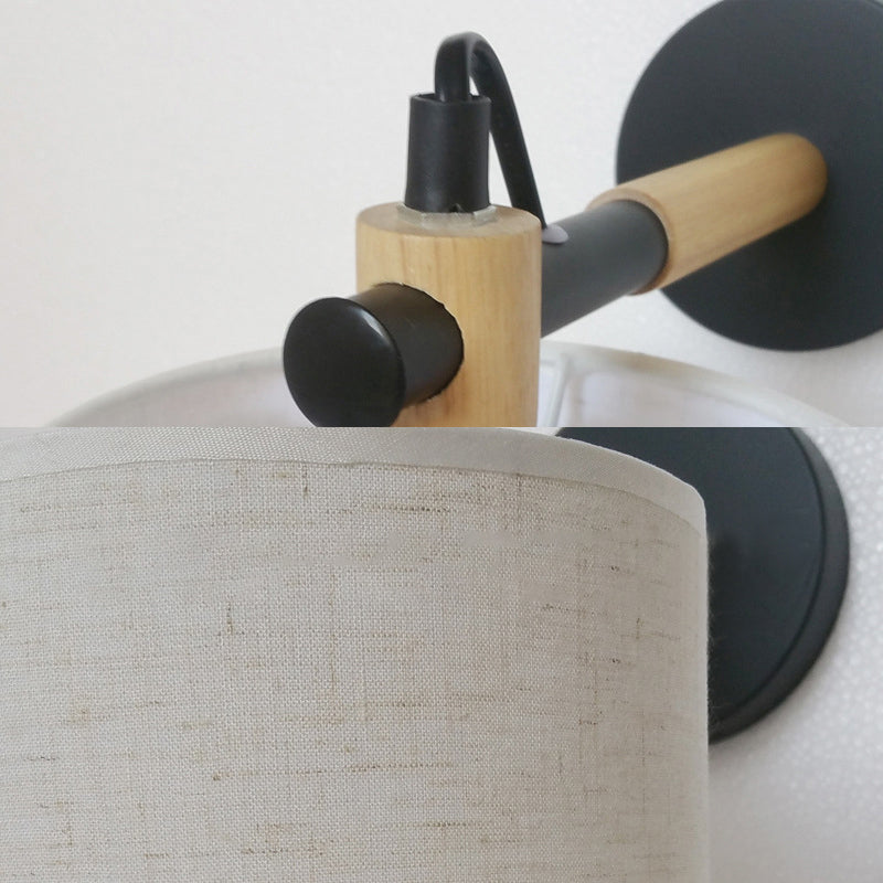 Avtoit | Fabric Cylindrical Wall Light Modernist 1 Light Bedroom Wall Mounted Light with Wood Connection in Black/White