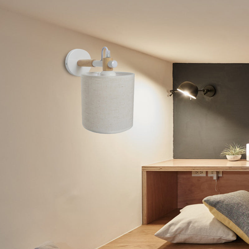 Avtoit | Fabric Cylindrical Wall Light Modernist 1 Light Bedroom Wall Mounted Light with Wood Connection in Black/White
