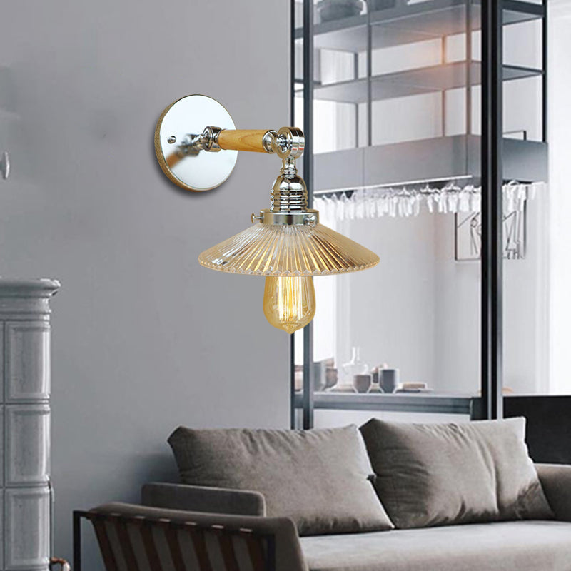 Avtoit | 1 Light Clear Ribbed Glass Wall Sconce Light Industrial Chrome Cone Living Room Lighting Fixture, 8"/4"/6" Width Wood Arm