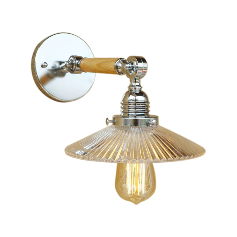 Avtoit | 1 Light Clear Ribbed Glass Wall Sconce Light Industrial Chrome Cone Living Room Lighting Fixture, 8"/4"/6" Width Wood Arm
