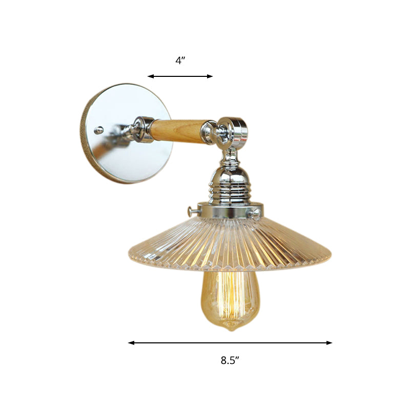 Avtoit | 1 Light Clear Ribbed Glass Wall Sconce Light Industrial Chrome Cone Living Room Lighting Fixture, 8"/4"/6" Width Wood Arm