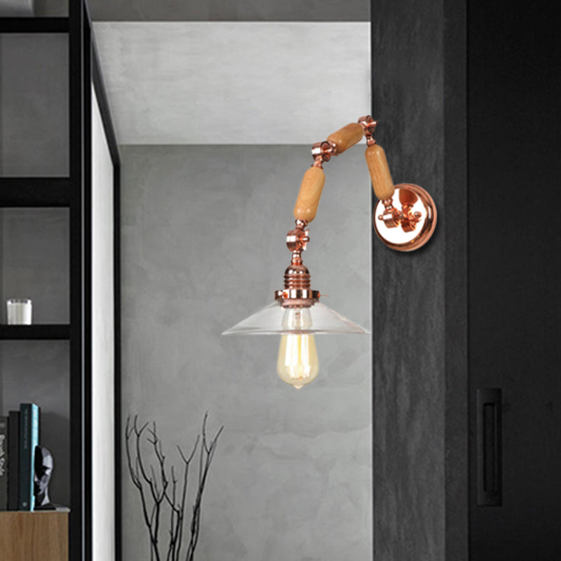 Avtoit | Cone-shaped Clear Glass Wall Lamp Vintage Single Bulb Living Room Sconces Light in Rose Gold with Arm