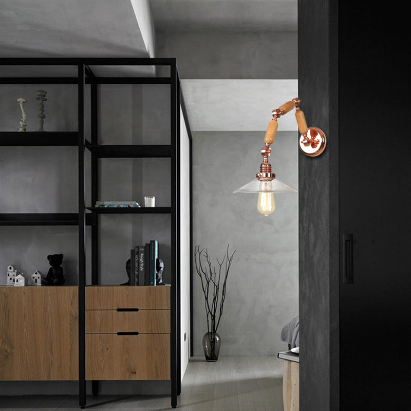 Avtoit | Cone-shaped Clear Glass Wall Lamp Vintage Single Bulb Living Room Sconces Light in Rose Gold with Arm