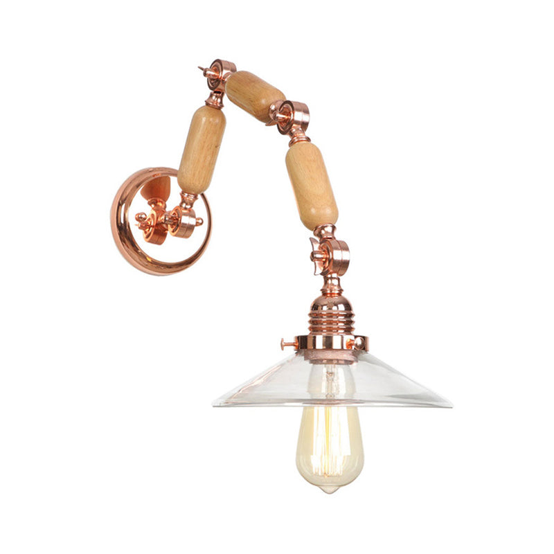 Avtoit | Cone-shaped Clear Glass Wall Lamp Vintage Single Bulb Living Room Sconces Light in Rose Gold with Arm