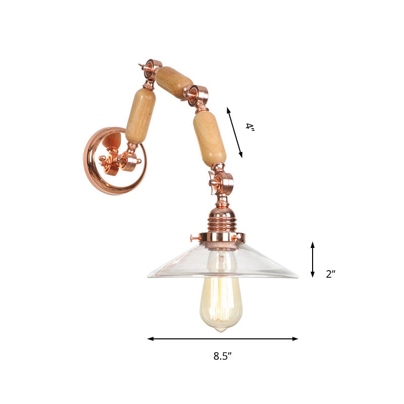 Avtoit | Cone-shaped Clear Glass Wall Lamp Vintage Single Bulb Living Room Sconces Light in Rose Gold with Arm