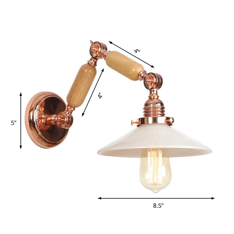 Avtoit | White glass conical wall lamp industrial 1 light living room lighting fixture with retractable arm