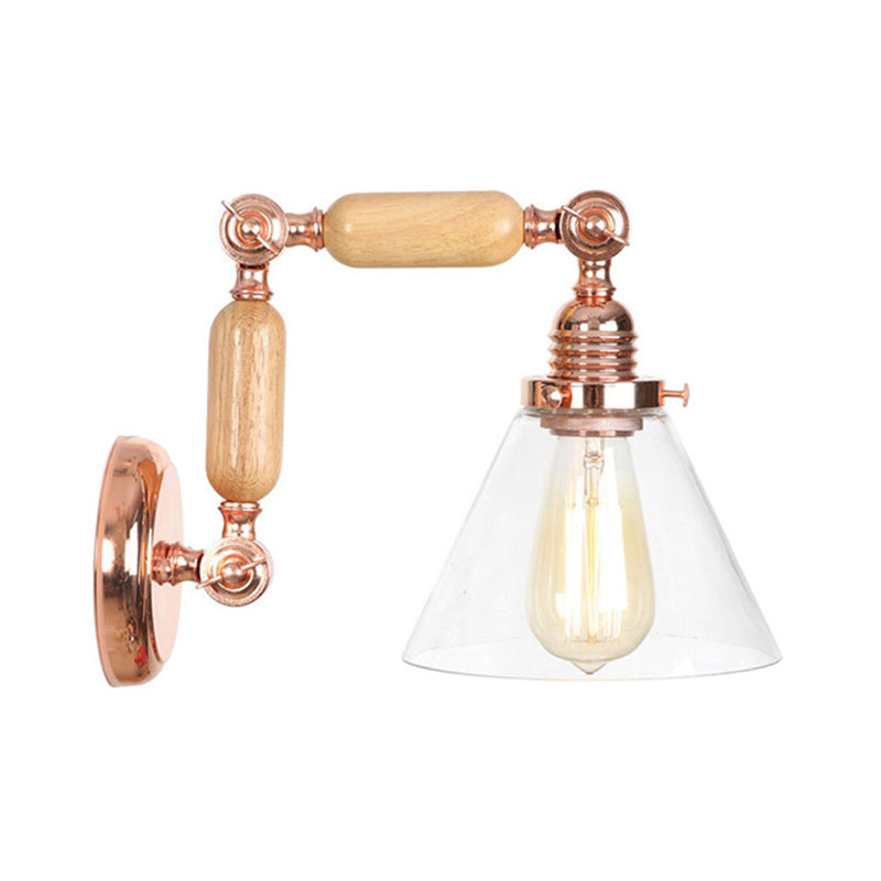 Avtoit | Cone Shade Bedroom Wall Lamp Vintage Clear Glass 1 Light Wooden Wall Lamp with Long Arm