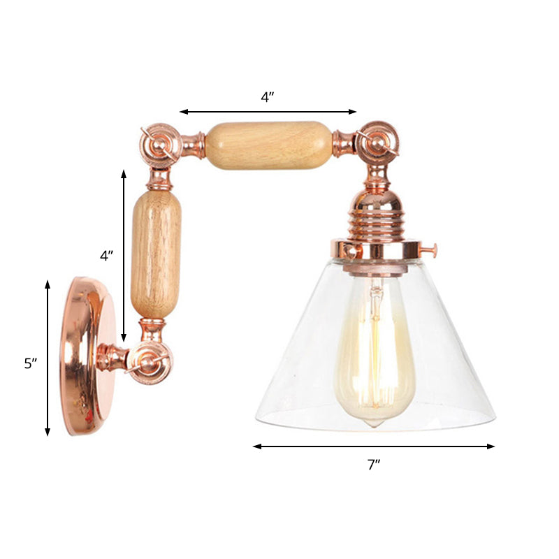 Avtoit | Cone Shade Bedroom Wall Lamp Vintage Clear Glass 1 Light Wooden Wall Lamp with Long Arm