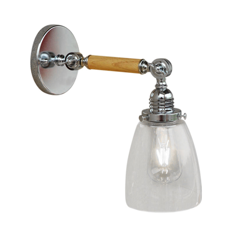 Avtoit | Single-layer wall lamp with dome shade clear glass industrial living room light, 8"/4"/6" L wood arm