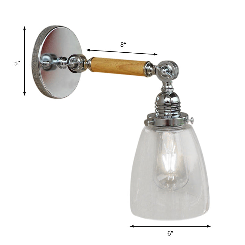 Avtoit | Single-layer wall lamp with dome shade clear glass industrial living room light, 8"/4"/6" L wood arm