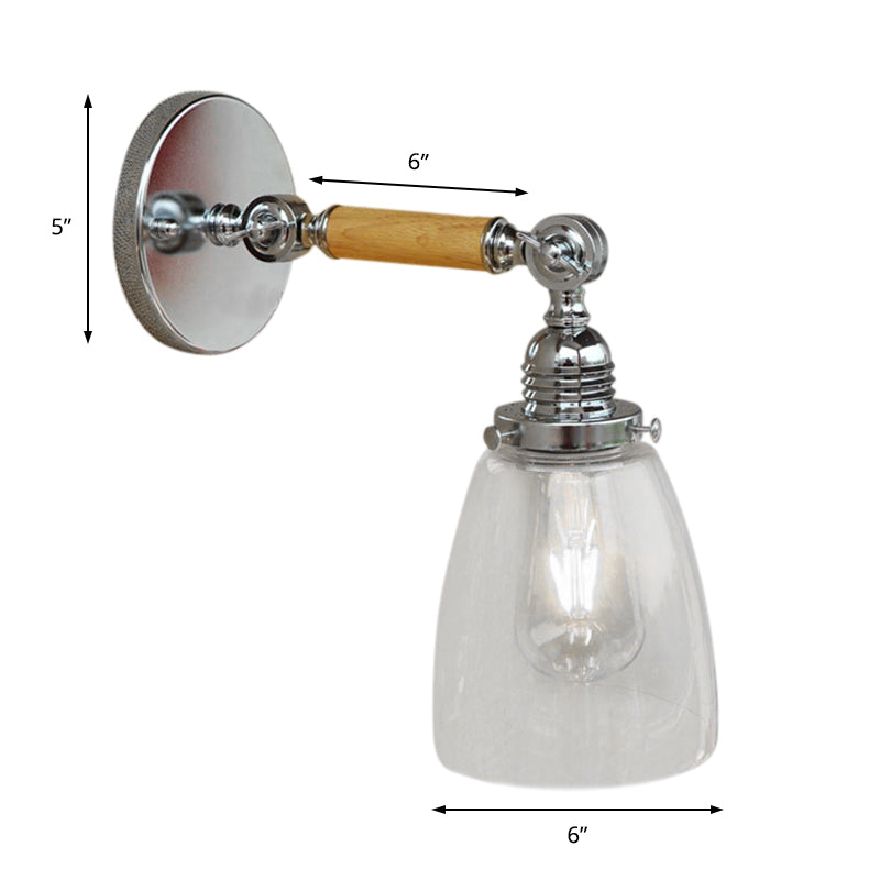 Avtoit | Single-layer wall lamp with dome shade clear glass industrial living room light, 8"/4"/6" L wood arm