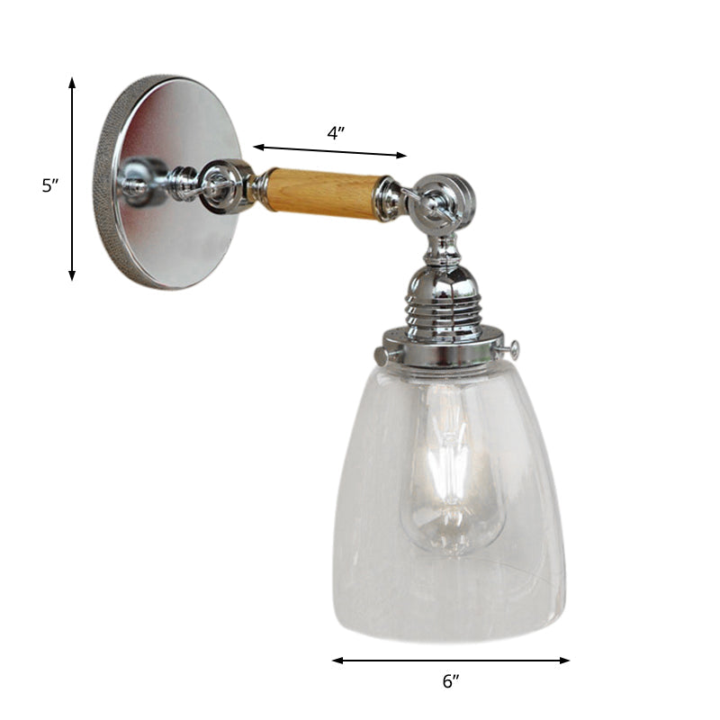 Avtoit | Single-layer wall lamp with dome shade clear glass industrial living room light, 8"/4"/6" L wood arm