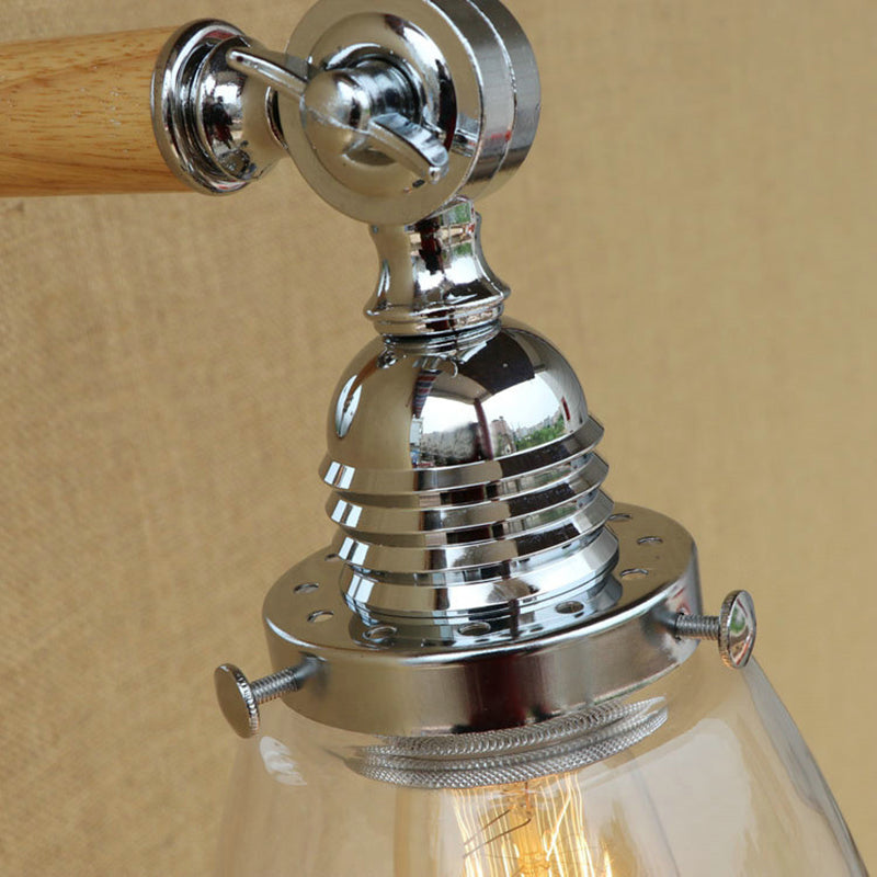 Avtoit | Single-layer wall lamp with dome shade clear glass industrial living room light, 8"/4"/6" L wood arm