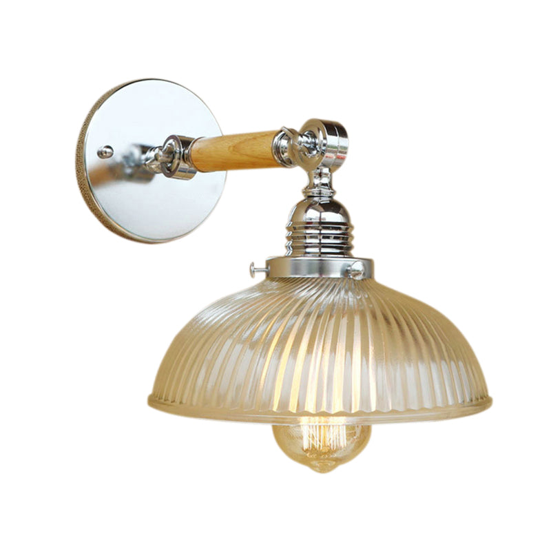 Avtoit | Curved Living Room Wall Light Fixture Antique Stylish Ribbed Glass 1 Light Clear Wall Lamp for Hallway, 8"/4"/6" L Wooden Arm