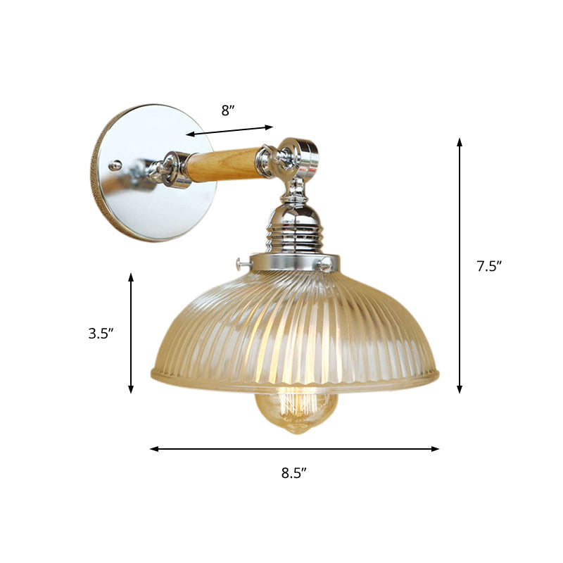 Avtoit | Curved Living Room Wall Light Fixture Antique Stylish Ribbed Glass 1 Light Clear Wall Lamp for Hallway, 8"/4"/6" L Wooden Arm