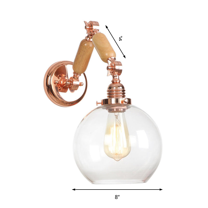Avtoit | 1 Bulb Globe Wall Mounted Light Fixture Rustic Rose Gold Clear Glass Lighting with Retractable Arm