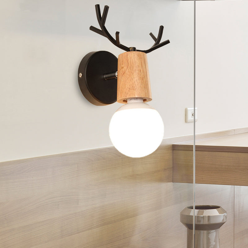 Avtoit | 1 Light Bare Bulb Wall Lamp Modern Style Black/White Finish Metal and Wood Wall Lighting with Deer Side