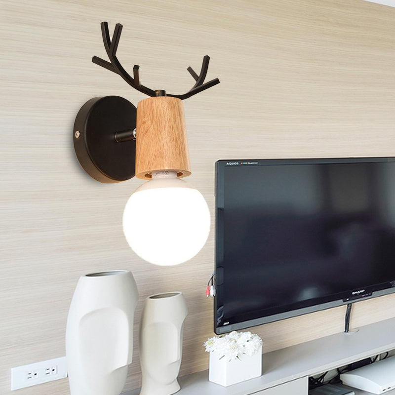Avtoit | 1 Light Bare Bulb Wall Lamp Modern Style Black/White Finish Metal and Wood Wall Lighting with Deer Side