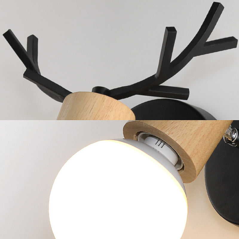 Avtoit | 1 Light Bare Bulb Wall Lamp Modern Style Black/White Finish Metal and Wood Wall Lighting with Deer Side