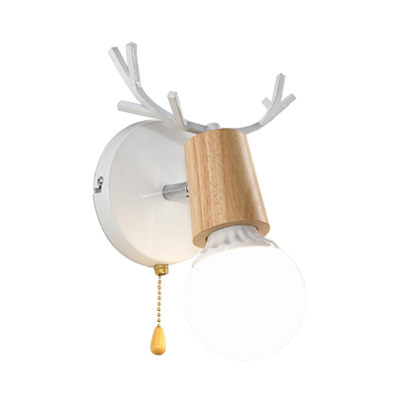 Avtoit | 1 Light Bare Bulb Wall Lamp Modern Style Black/White Finish Metal and Wood Wall Lighting with Deer Side