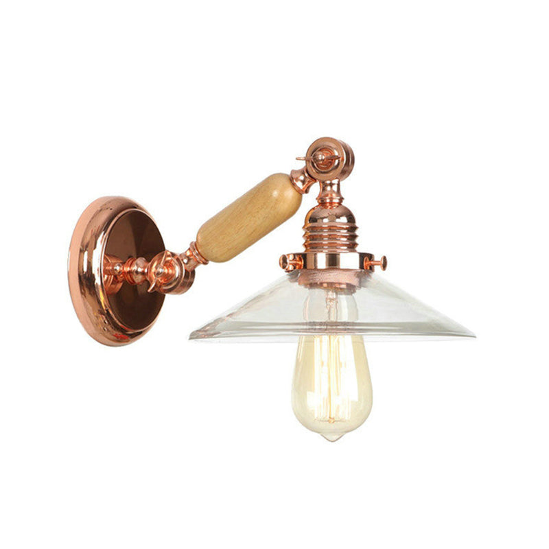 Avtoit | 1 Light Clear Glass Wall Light Rustic Rose Gold Cone Living Room Lighting with Rotatable Arm