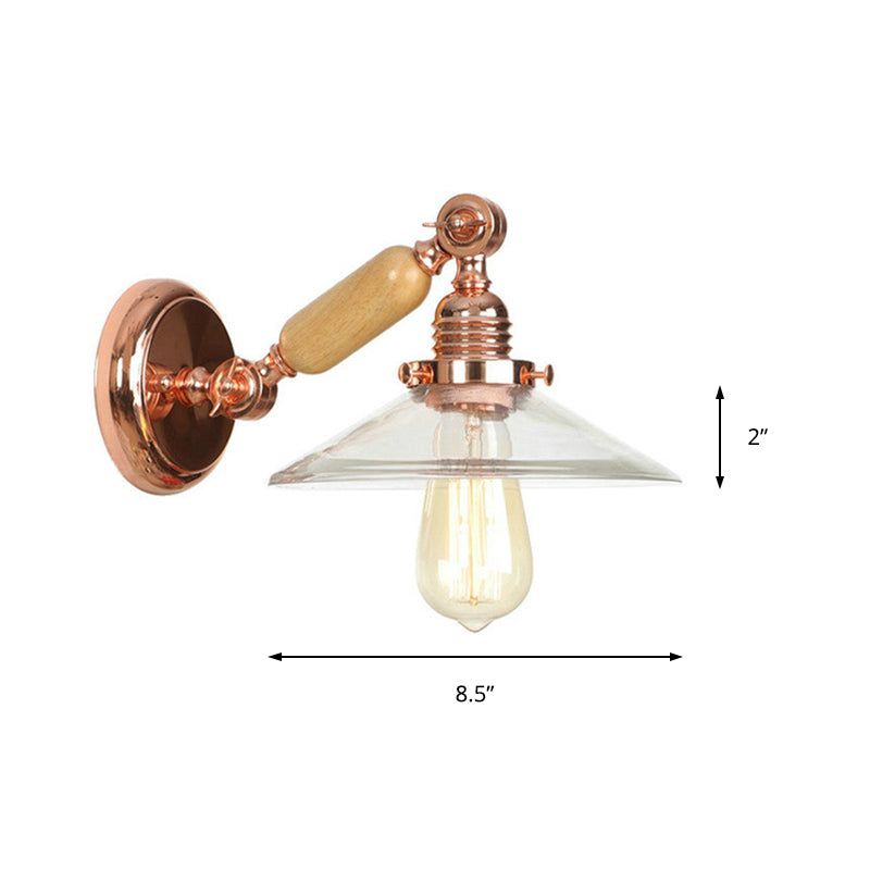 Avtoit | 1 Light Clear Glass Wall Light Rustic Rose Gold Cone Living Room Lighting with Rotatable Arm